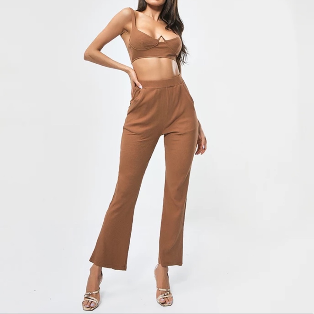 SheIn Laura Brown Ribbed Set Highwaist New - Picture 7 of 8